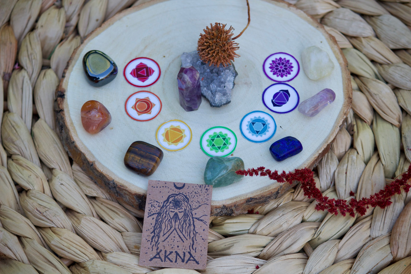 CRYSTAL THERAPY KIT -UK CHAKRAS- 7 Natural Stones For Each Chakra (With Adjustable Macrame Chain) by Akna